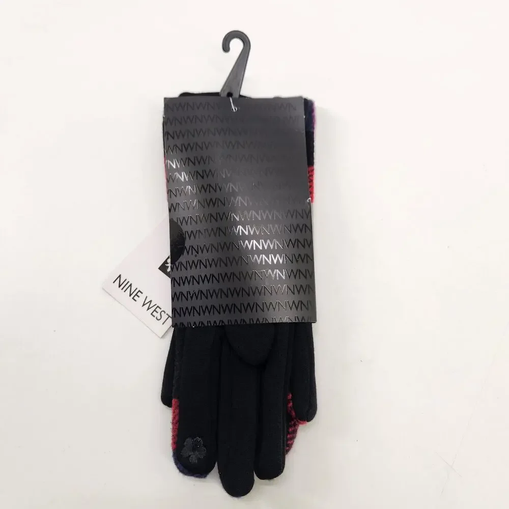 Nine West Faux Fur Blue Red Plaid Tartan Winter Touch Screen Gloves Size Medium
